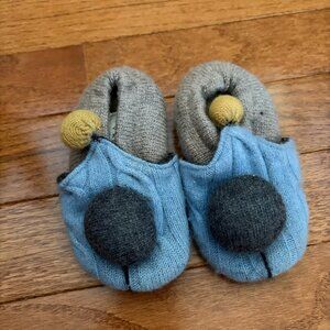 Handmade knit and leather grey and blue baby/toddler slippers with bobbles